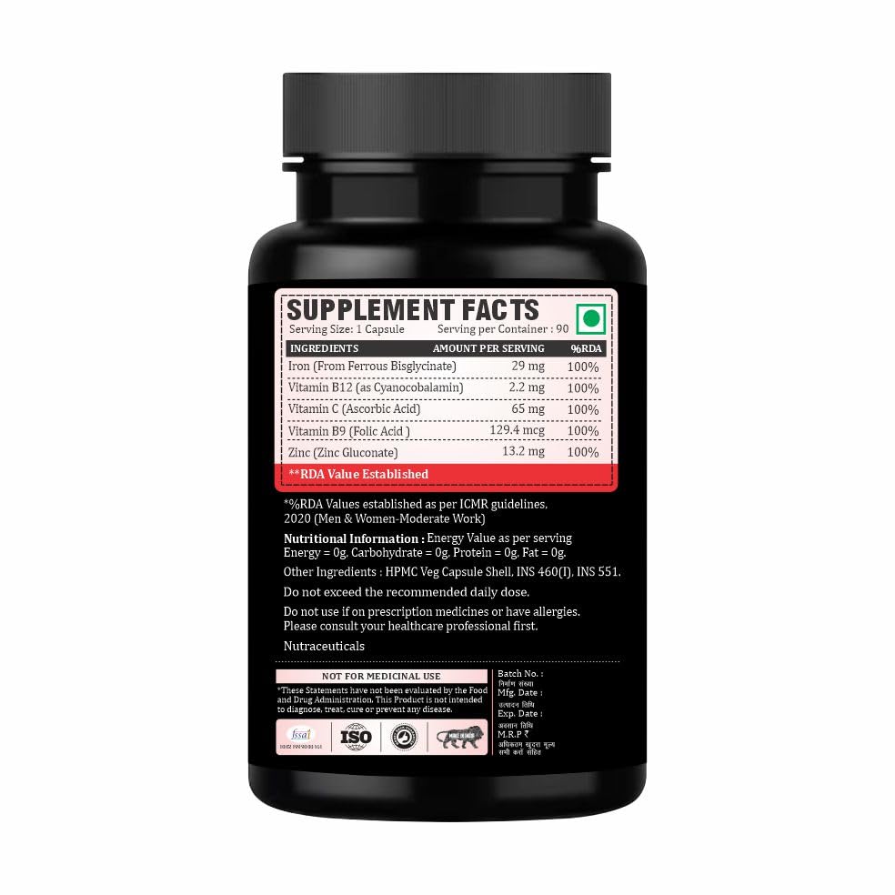 Adorreal Iron Folic Capsules (60 Capsules) | Gentle Iron Supplement for Hemoglobin, Energy & Red Blood Cell Health