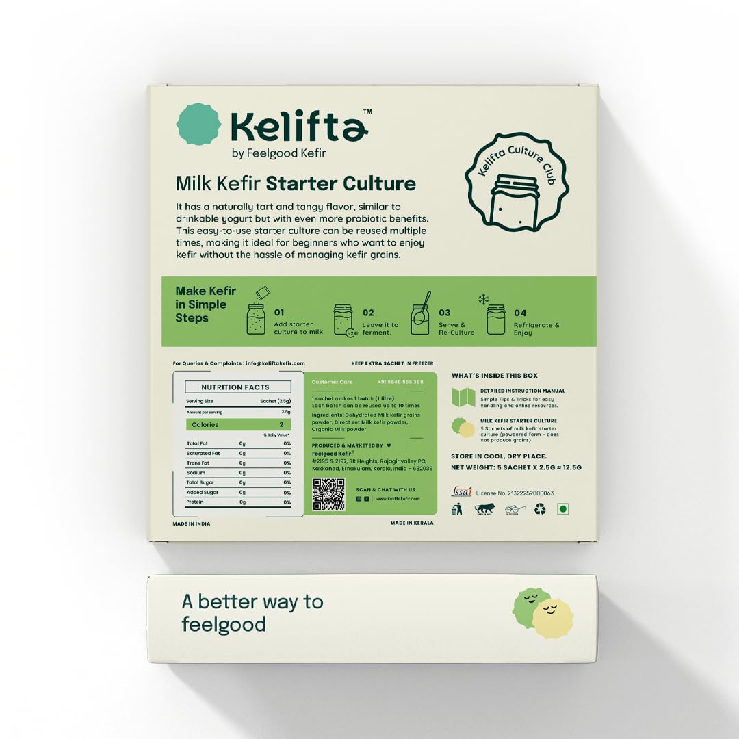 Kelifta by Feelgood Kefir® Milk Kefir Starter Culture Powder | 3 Pack - 15 Sachets | 60+ Live & Active Strains | Ferments 180+ Litres | For Dairy & Plant-Based Milk | Manual, Demo Video & Support