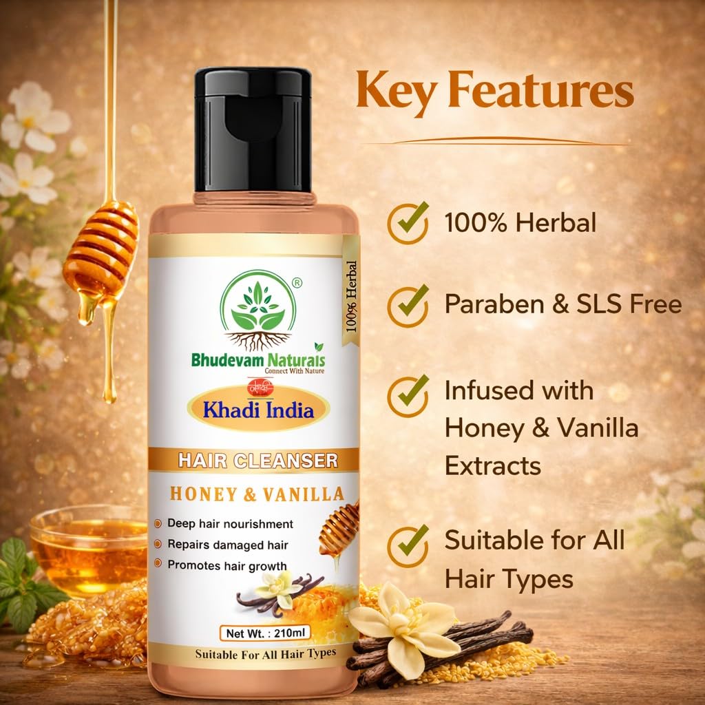 Bhudevam Naturals Khadi Honey & Vanilla Shampoo – Mild, Nourishing Care for Daily Use- 420ML (Pack of 2)