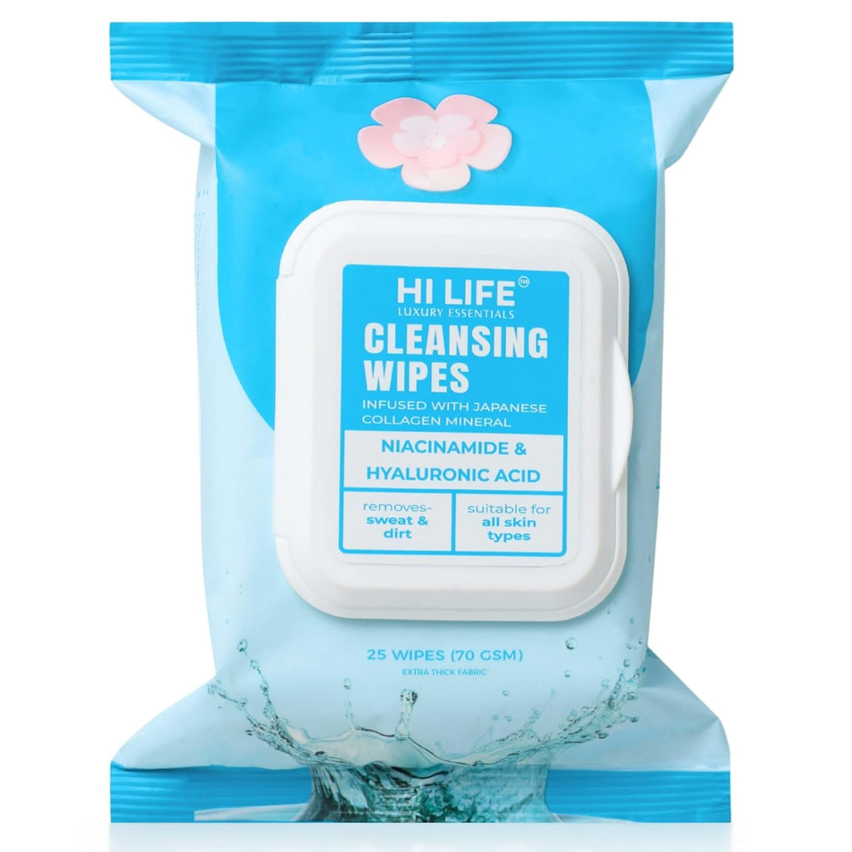 Hi Life Extra-Thick Facial Cleansing Wipes (25 Wipes) | 70 GSM Plush Wipes with Niacinamide, Hyaluronic Acid & Japanese Collagen Mineral for All Skin Types