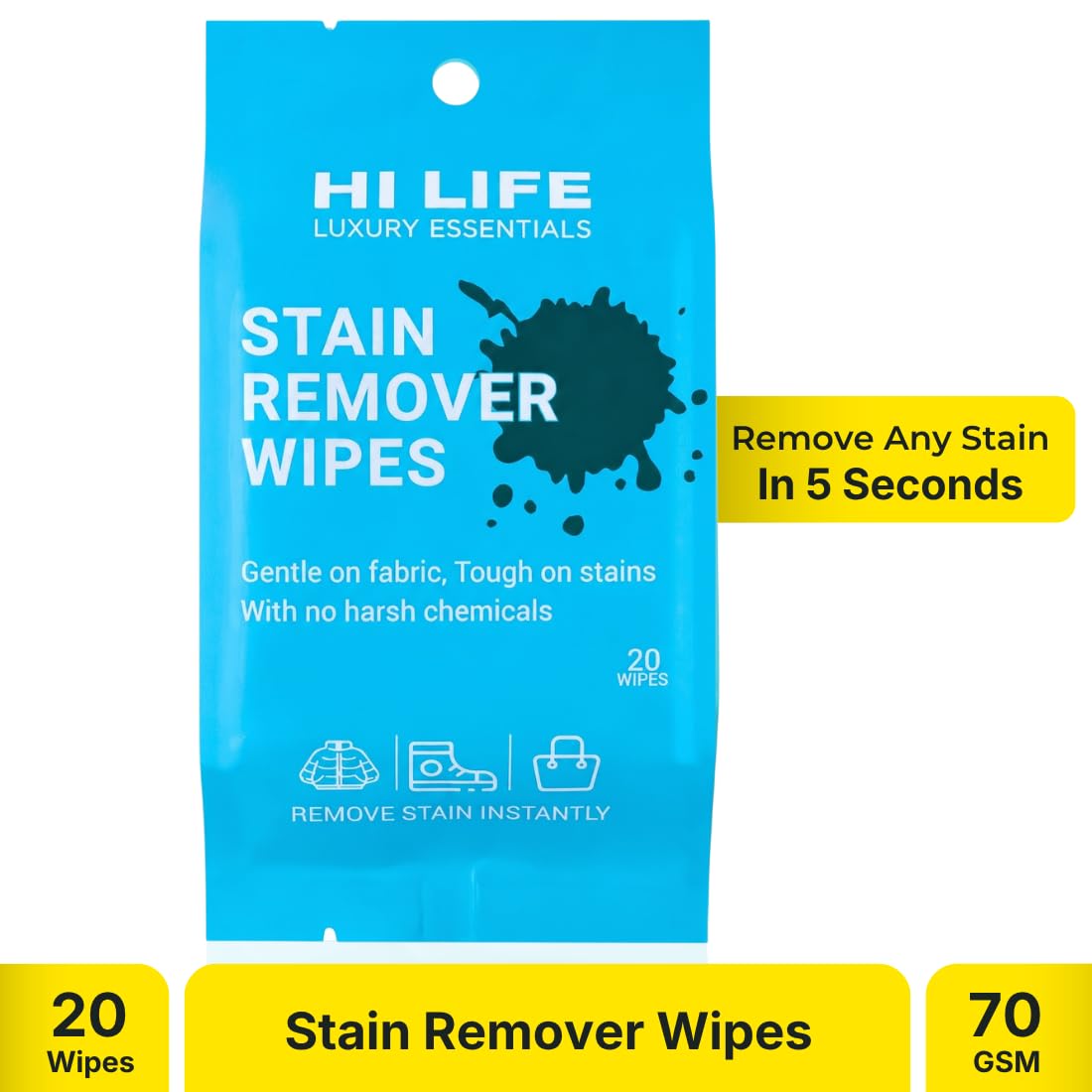 Hi Life Instant Stain Remover Wipes (Pack of 20) | Portable Emergency Stain Eraser Wipes for Clothes & Fabrics