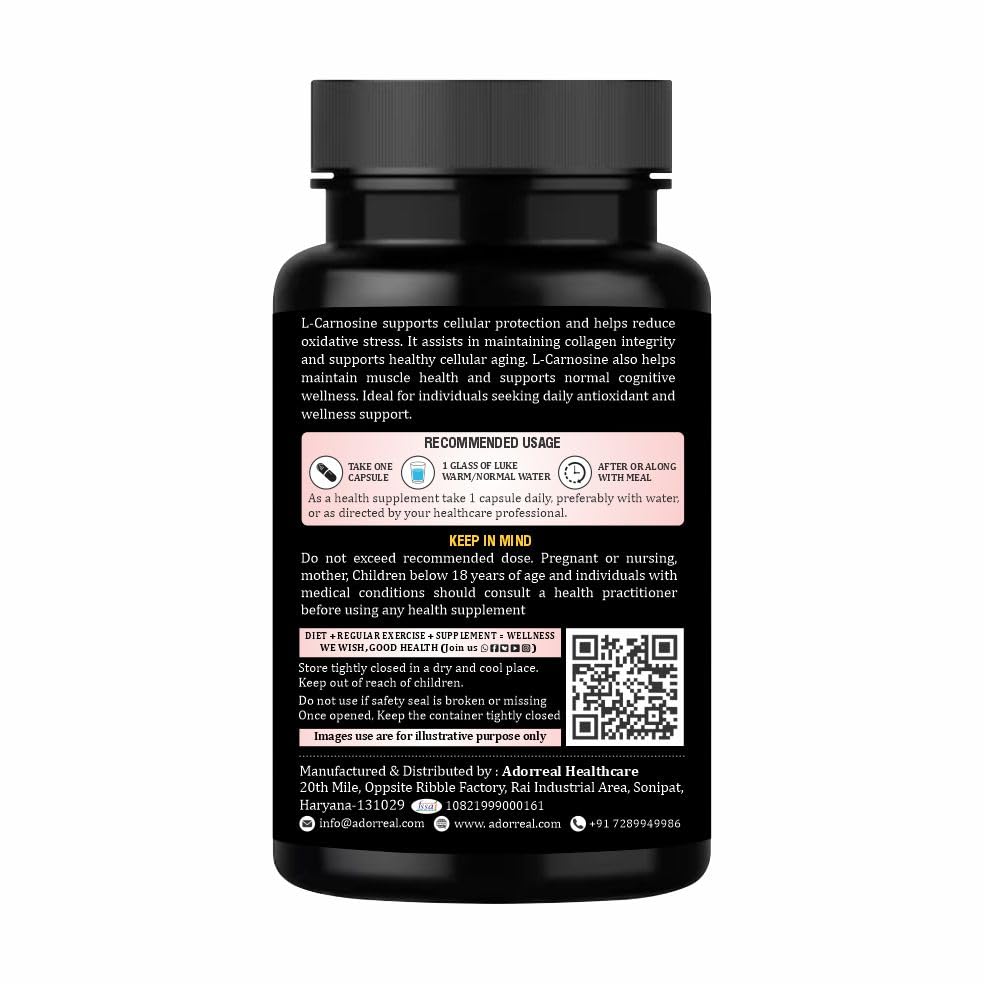Adorreal L-Carnosine Capsules (60 Capsules) | Anti-Aging, Brain Focus, Muscle Endurance & Cellular Health