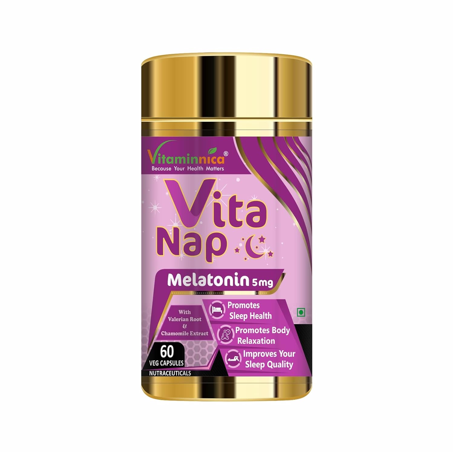 Vitaminnica Vita Nap Melatonin Sleeping Pills – Supports Restful Sleep, Fall Asleep Faster & Promotes Relaxation – Stress & Occasional Sleeplessness Support – 60 Veg Capsules