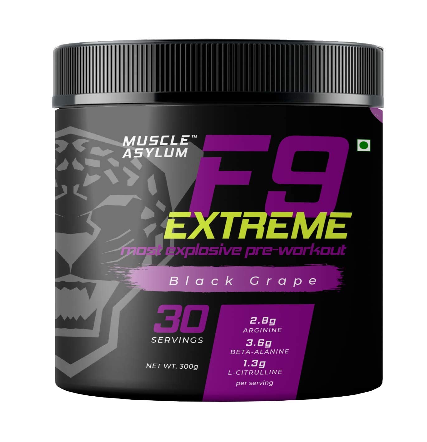 Muscle Asylum F9 Extreme – High Caffeine Pre-Workout (Black Grape) | 300g | 30 Servings | EAA & Endurance Blend | High Stimulant with EAA & Beta-Alanine