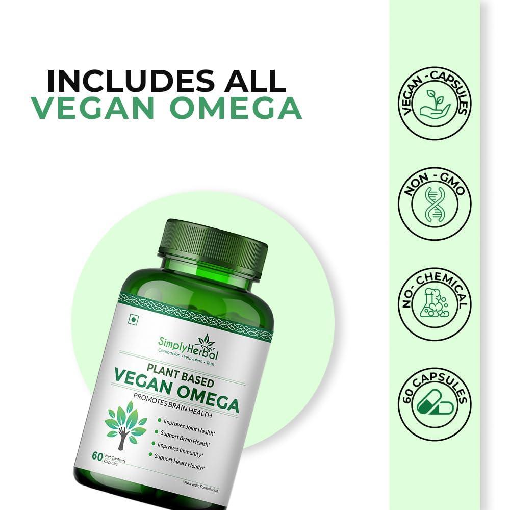 Simply Herbal Vegan Omega 3 6 9 Capsules 500mg Supplement Triple Strength Flaxseed, DHA for Heart, Joint & Brain Health, Immunity Booster - 60 Capsules