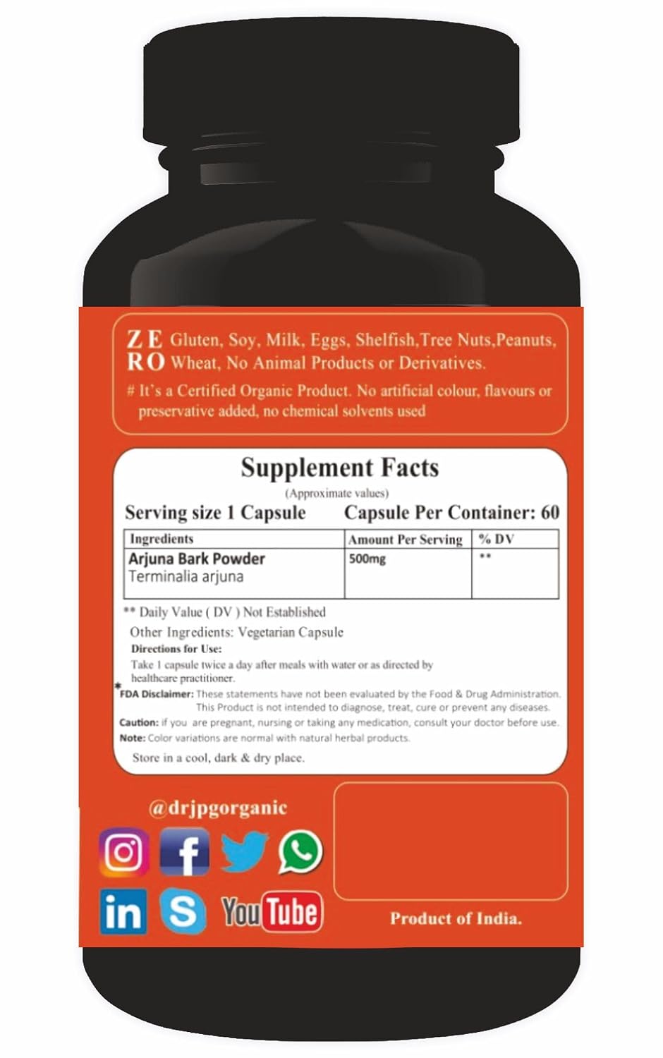 DR. JPG Organic Arjuna Bark Capsules (500mg, 60 Veg Capsules) | Supports Heart Health & Healthy Cholesterol | 100% Certified Organic