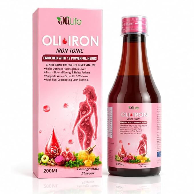 OliLife Oli Iron Tonic 200ml Ayurvedic Herbal Iron Syrup for Adults | Helps Increase Hemoglobin Levels, Reduces Fatigue & Weakness, 12 Herbal Ingredients, Non-Constipating Formula