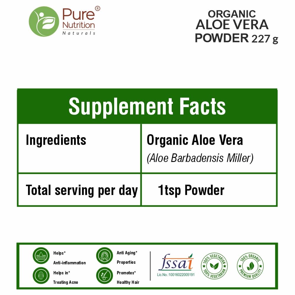 Pure Nutrition Organic Aloe Vera Powder, 227g, (100% Organic), Supports Digestive Health, Promotes Skin Wellness, Hydrates and Nourishes