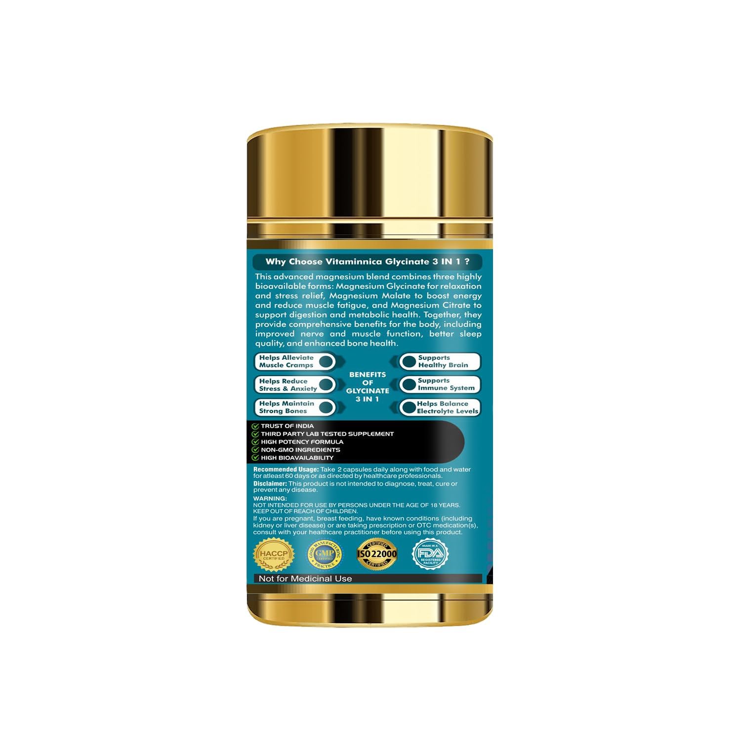 Vitaminnica Magnesium 3-in-1 Complex 90 Capsules - Glycinate, Citrate & Malate Formula