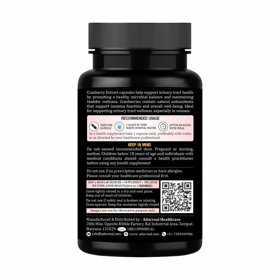 Adorreal Cranberry Capsules (60 Capsules) | Concentrated Extract with Vitamin C & D-Mannose for Urinary Tract Health & Kidney Support