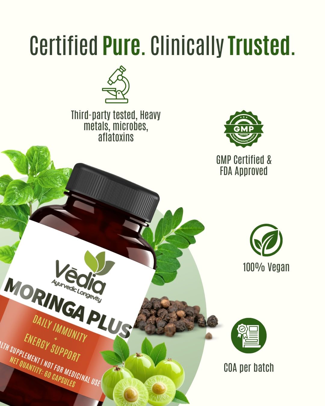 Vedia Moringa Plus (Natural Superfood) Capsules | Pure Moringa Leaf Extract for Energy, Immunity & Joint Support (60 Capsules)