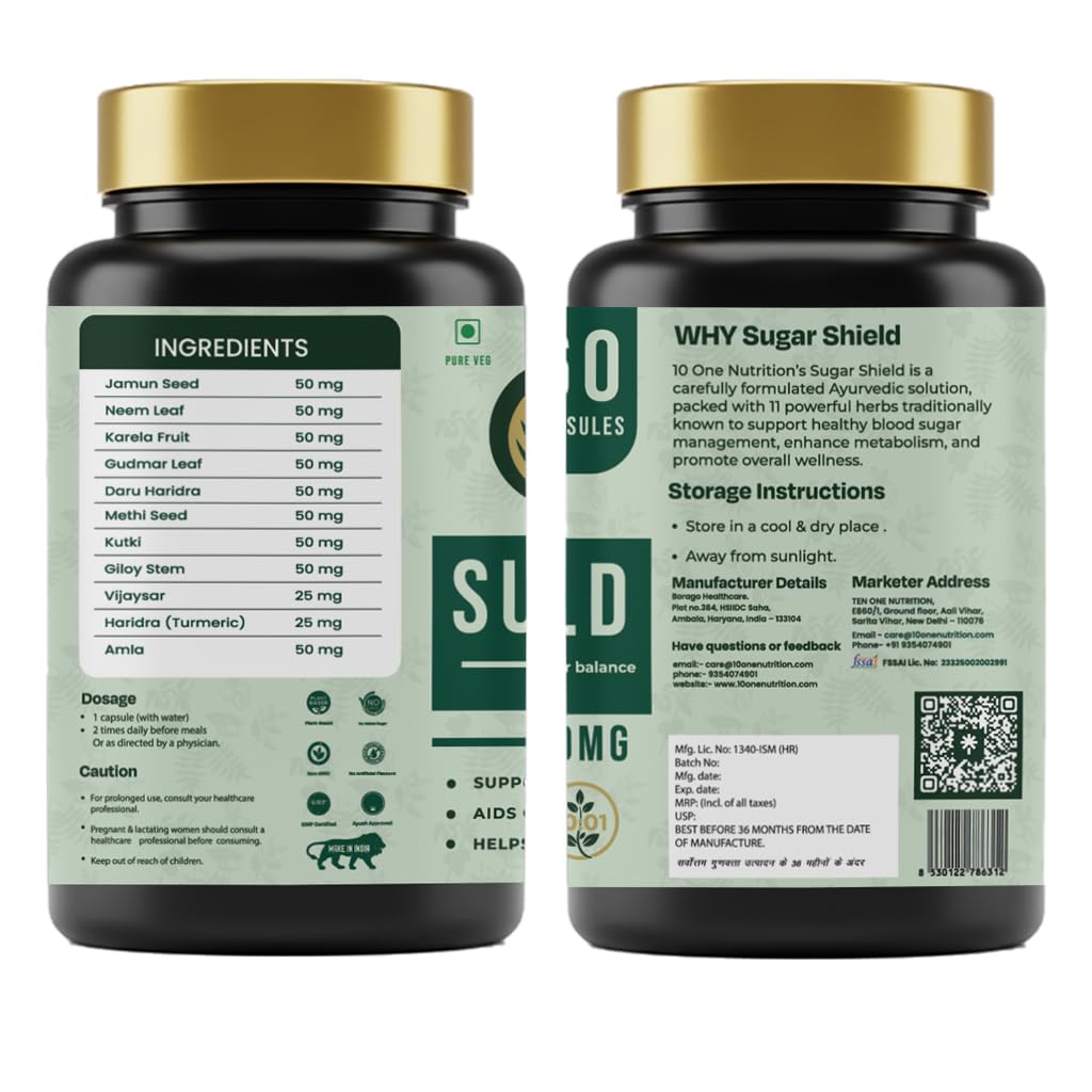 10 One Nutrition Sugar Shield Capsules 500mg (60 Veg Capsules) | Ayurvedic Support for Healthy Blood Sugar & Glucose Metabolism