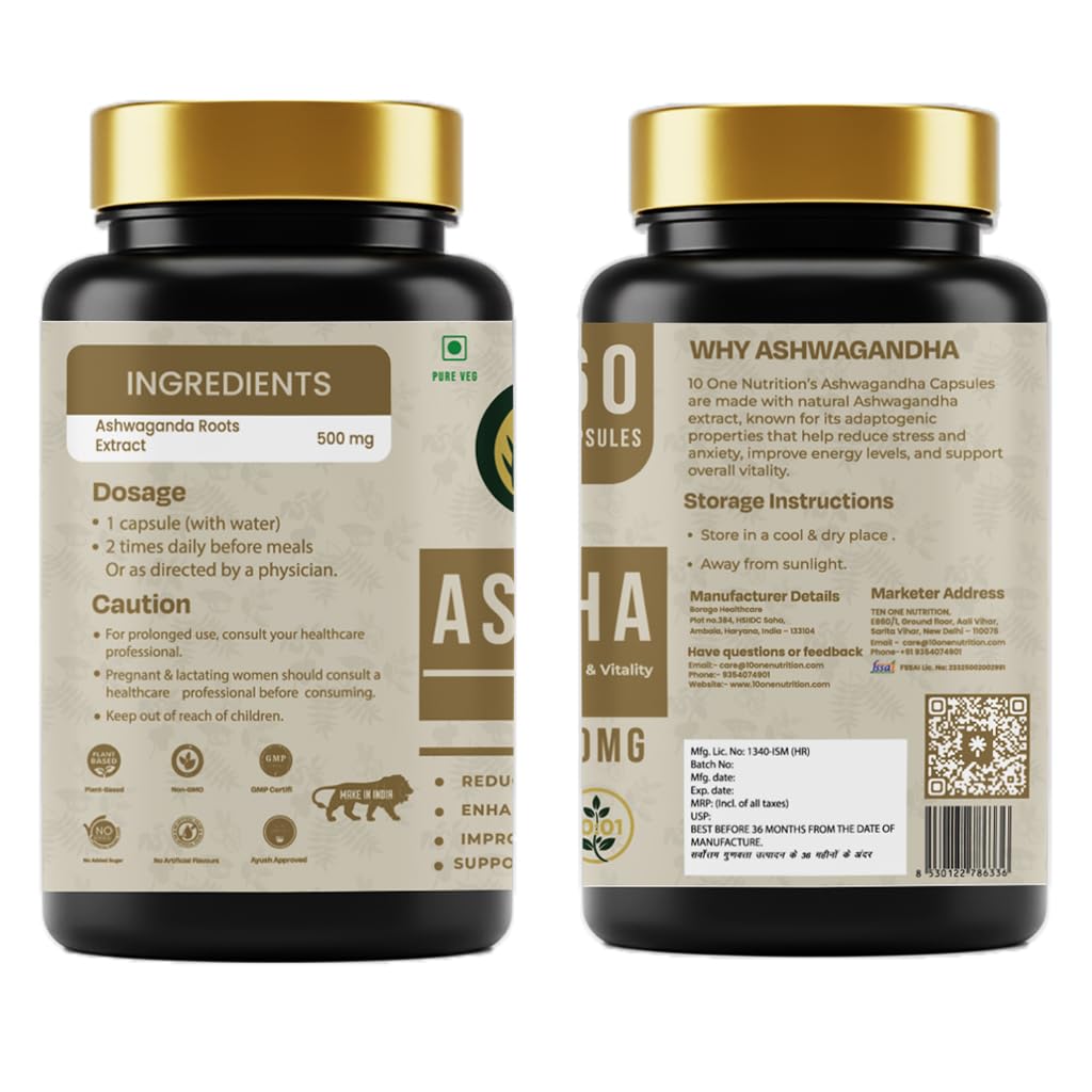10 One Nutrition Ashwagandha Gold 500mg (60 Capsules) | For Stress Relief, Energy & Strength | Ayush Approved | For Men & Women