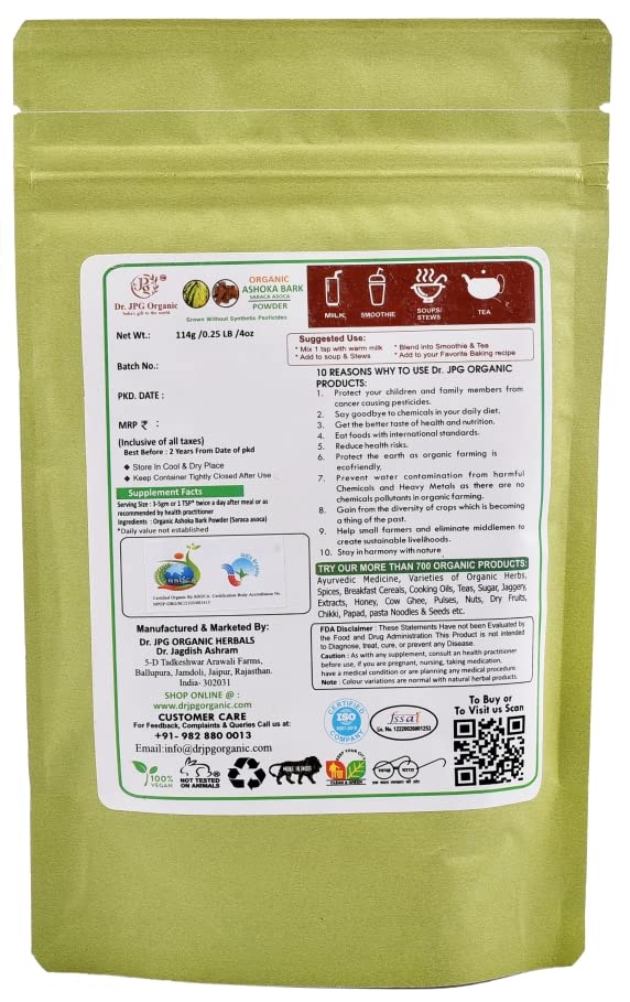 DR. JPG Organic Ashoka Bark Powder (228g) – 114g (Pack of 2) | For Female Reproductive Health & Uterine Care | 100% Certified Organic