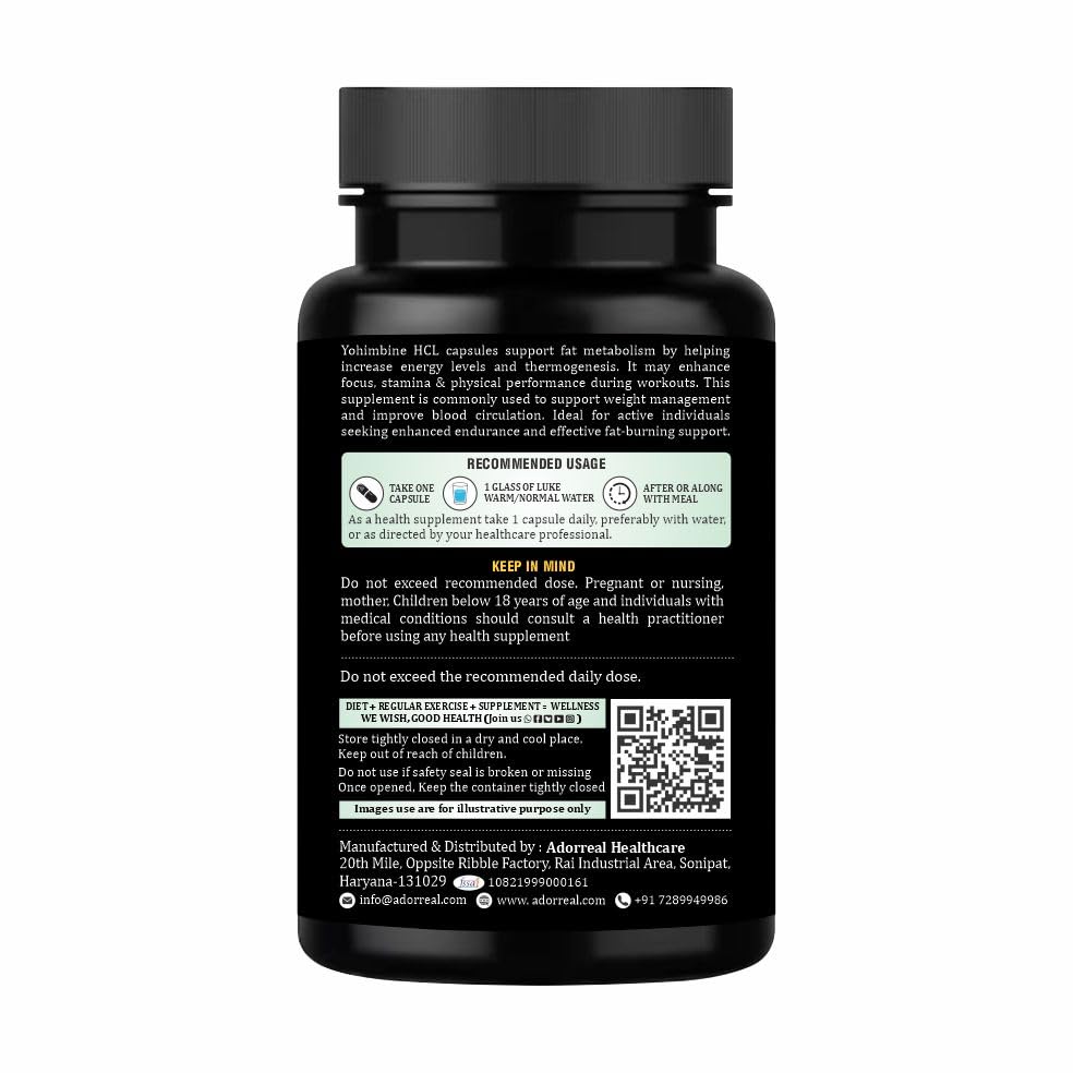 Adorreal Yohimbine Capsules (60 Capsules) | Thermogenic Fat Burner, Energy Booster & Athletic Performance Support