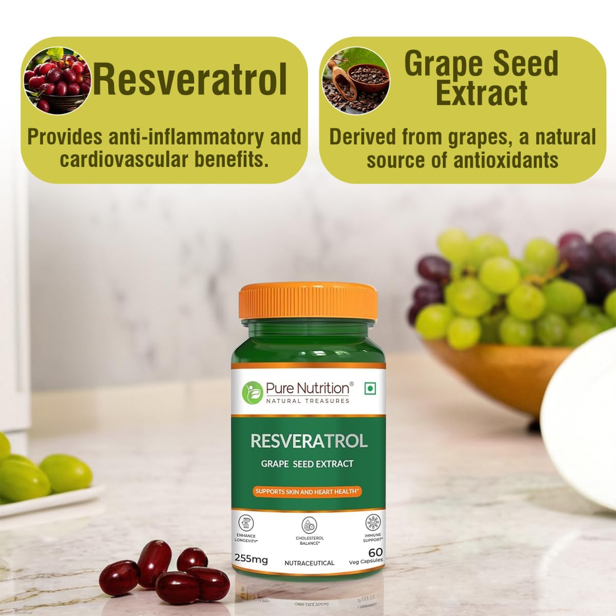 Pure Nutrition Resveratrol Capsules 255mg for Anti-Aging, Heart Health & Immunity | Powerful Antioxidant with Grape Seed Extract for Skin Radiance - 60 Capsules