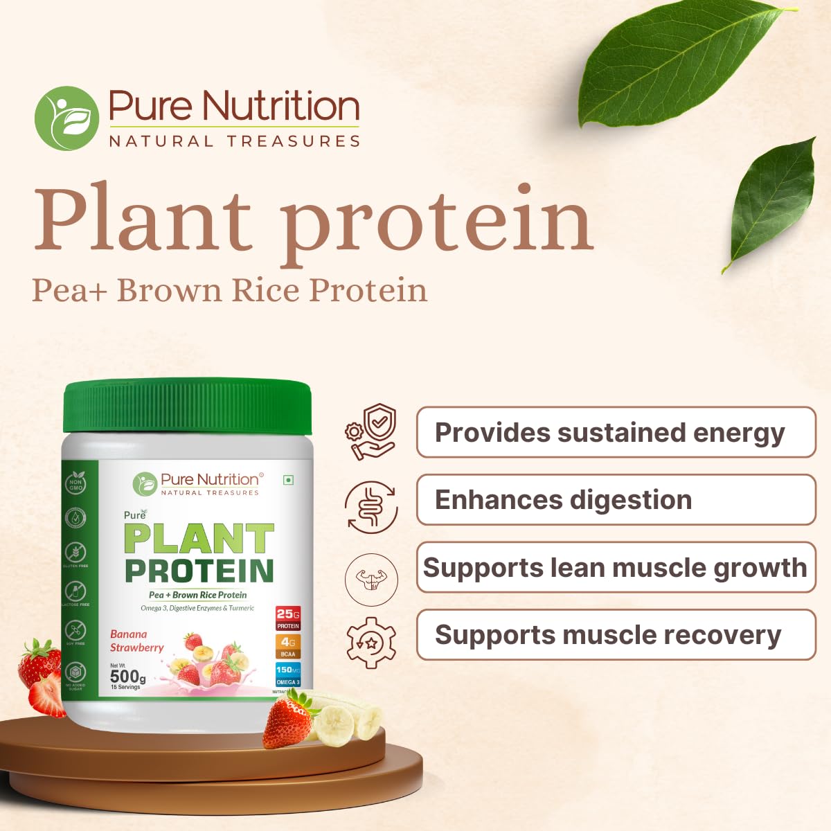 Pure Nutrition Plant Protein Powder -Banana & Strawberry (500g) for Men, Women, With Pea & Brown Rice Protein with Omega3, Digestive Enzymes & Turmeric | Plant-based, Vegan Supplement for Muscle Growth & Strength | No Artificial Sweeteners