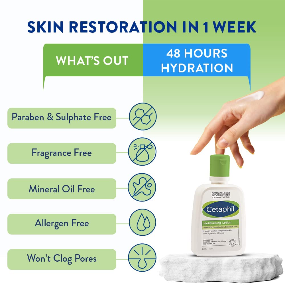 Cetaphil Moisturising Lotion with Avocado Oil, Vitamin E, B3 & B5 | For Normal to Combination, Sensitive Skin - 100ml
