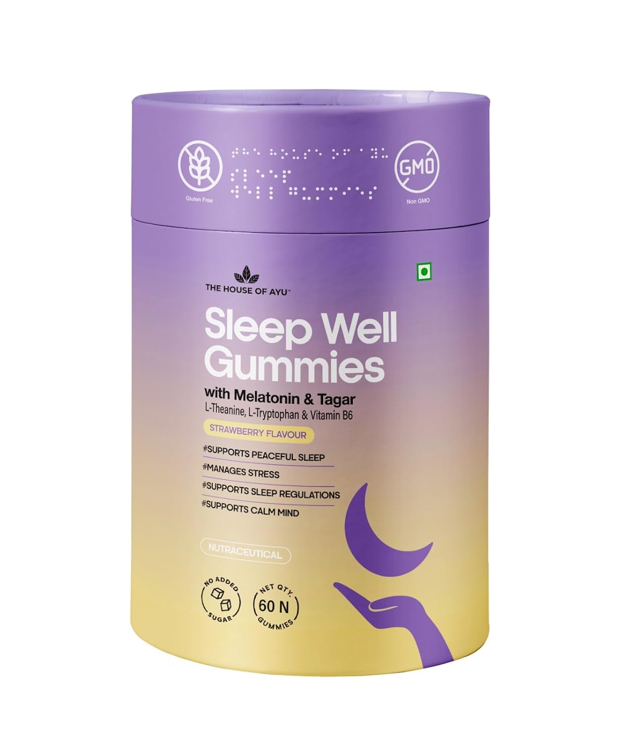 AYU Sleep Gummies with Melatonin 10mg, Tagar Root, Vitamin B6 & L-Tryptophan | Helps Relaxation & Natural restful Sleep | Strawberry Flavor | 60 Veg Gummies