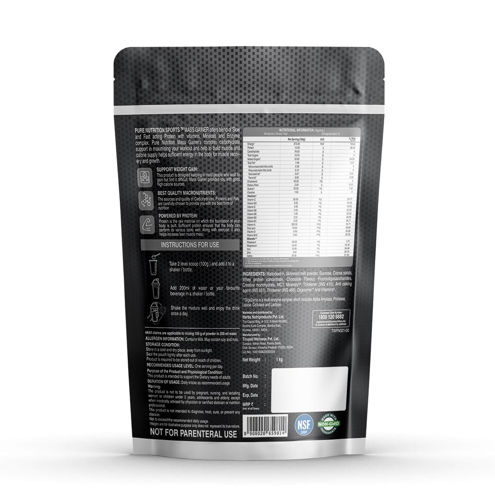 Pure Nutrition Mass Gainer Chocolate 500g Pouch | Weight & Muscle Gain Supplement