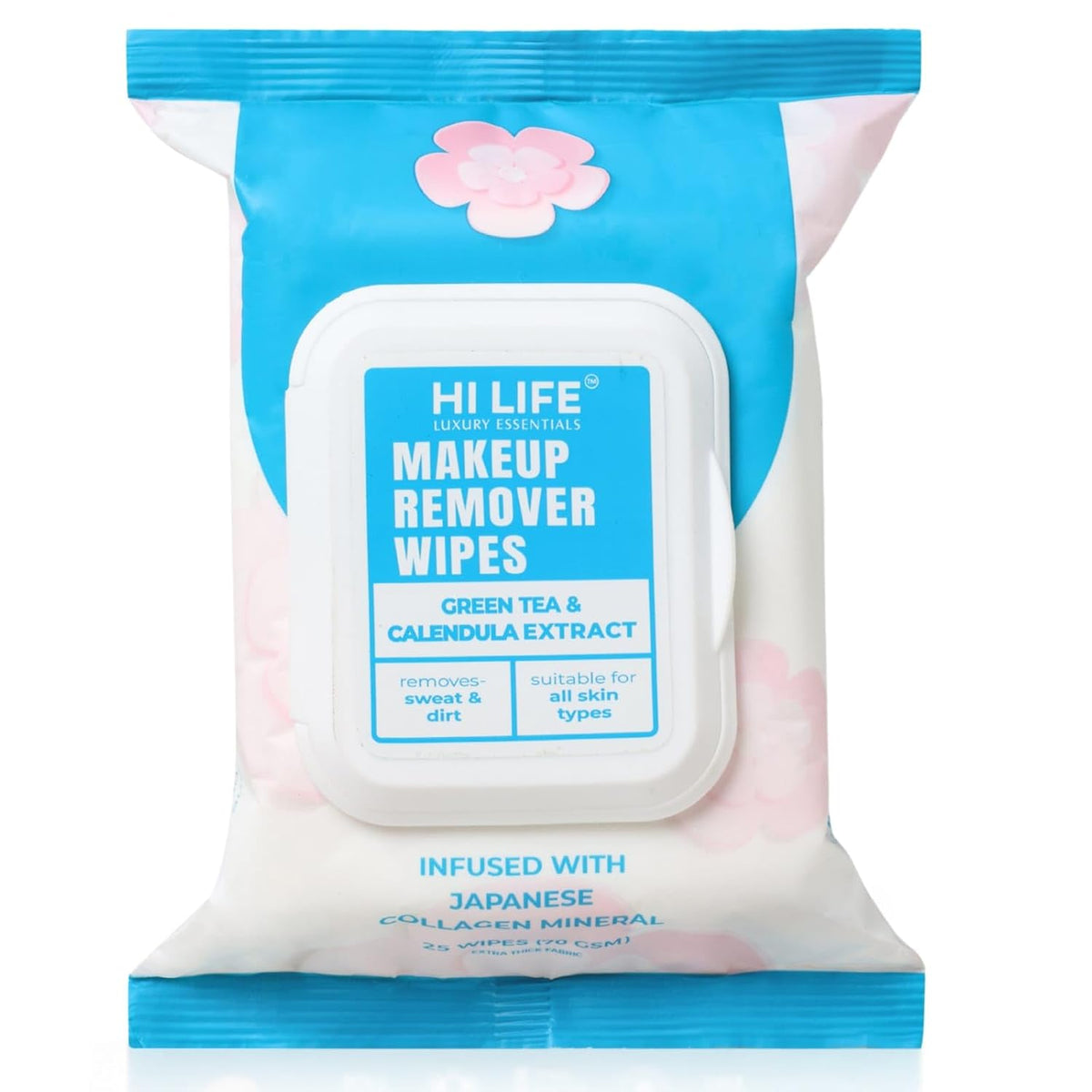 Hi Life Luxury Makeup Remover Wet Wipes with Green Tea & Calendula | Silica Collagen Support & Waterproof Makeup Removal (Pack of 25)