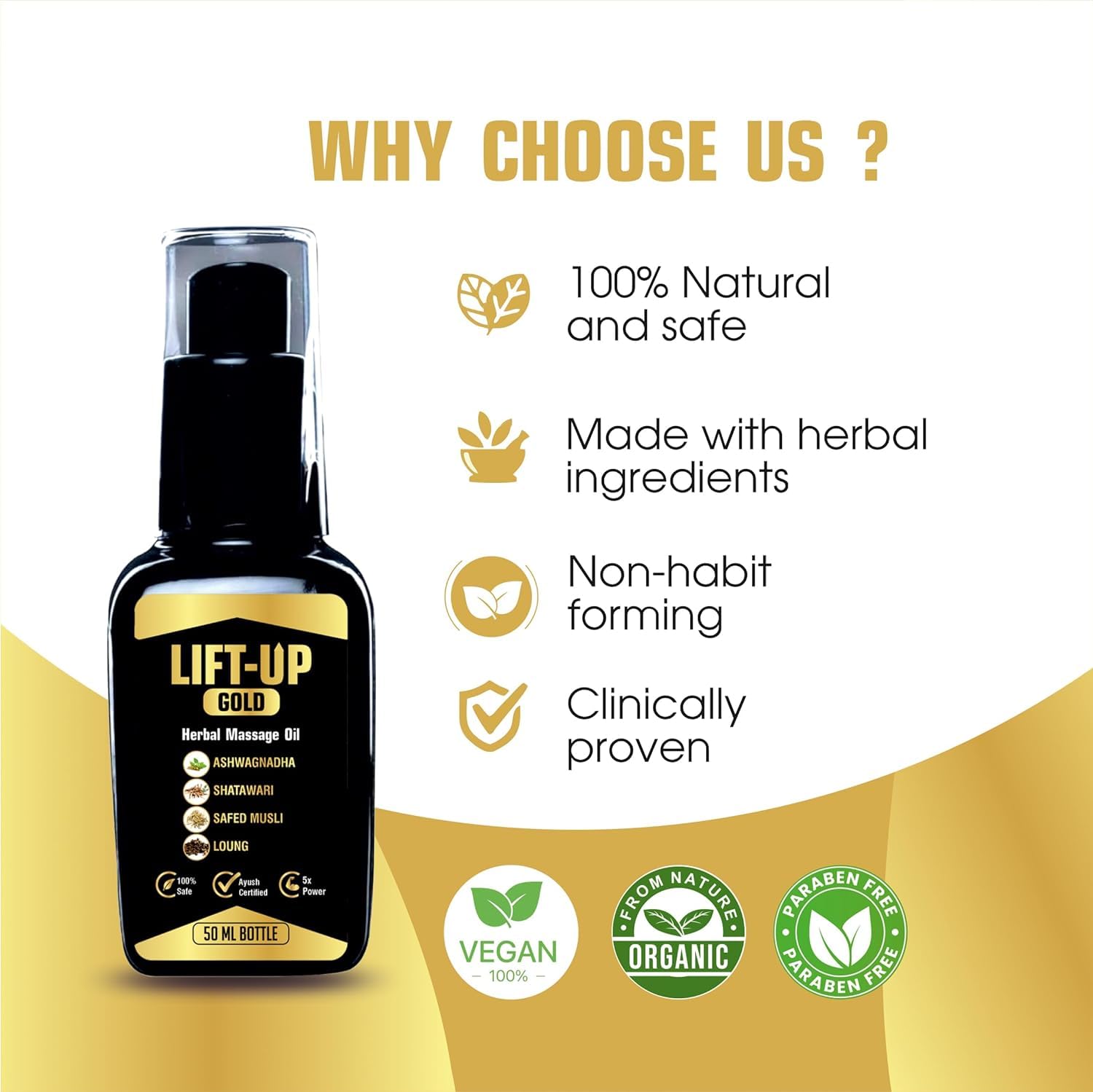 Vedavay Lift Up Gold Oil -  Massage Oil - 50ml for Men Performance Oil restores energy & hardens the relaxing muscles Ashwagandha, Safed Musli, Shatawar, Loung