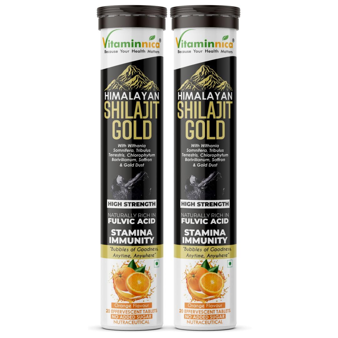 Vitaminnica Shilajit Gold Effervescent Tablets - Himalayan Vitality & Stamina Formula (2-Pack, 40 Count)