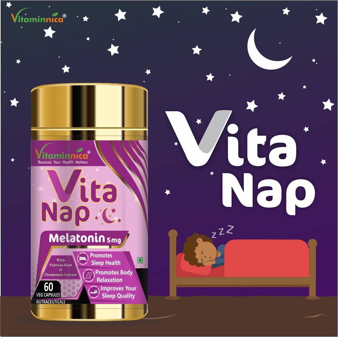 Vitaminnica Vita Nap Melatonin Sleeping Pills – Supports Restful Sleep, Fall Asleep Faster & Promotes Relaxation – Stress & Occasional Sleeplessness Support – 60 Veg Capsules