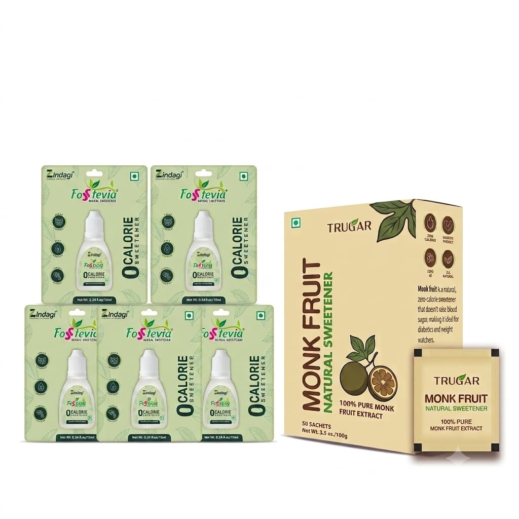 Zindagi Stevia Drops (50 ml) with Monk Fruit Extract Powder (50 Sachets) | 100% Natural Zero-Calorie Sweetener Combo Pack