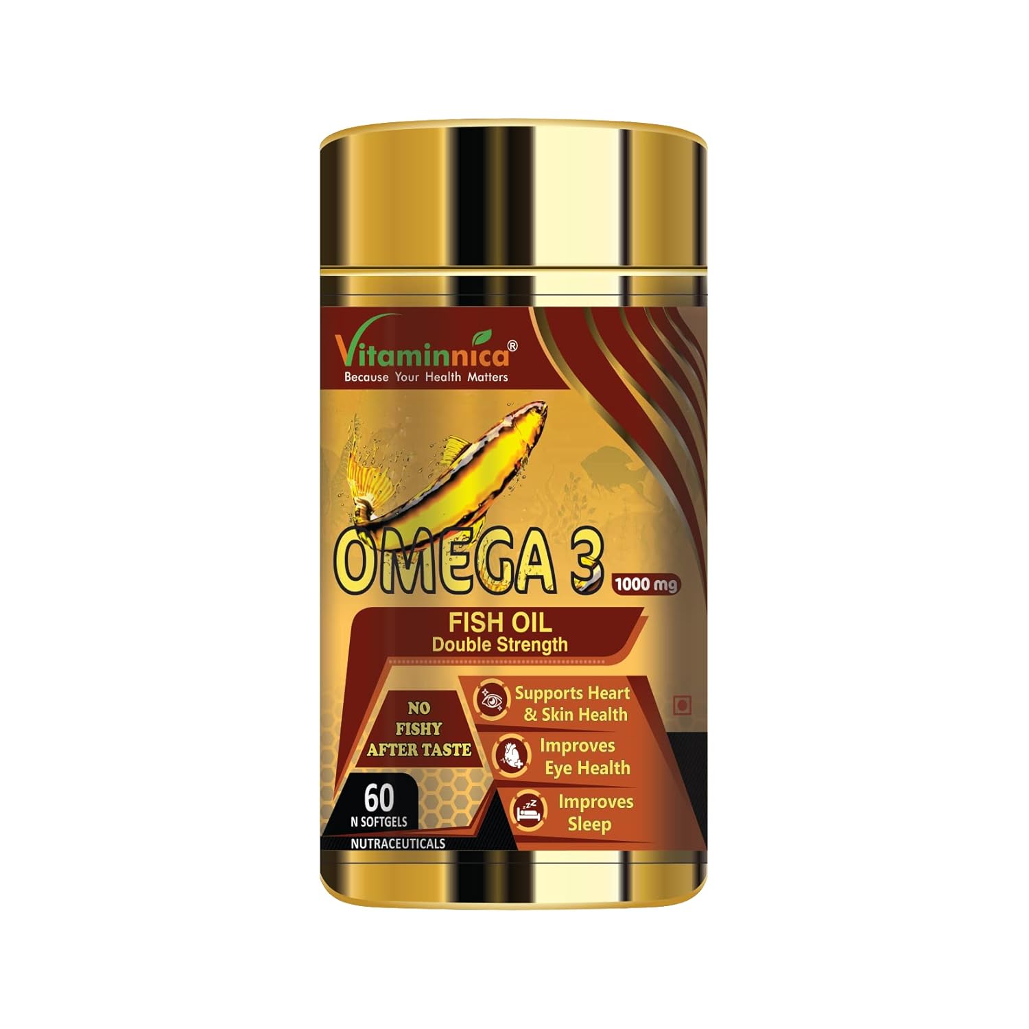 Vitaminnica Salmon Omega 3 Fish Oil Softgels Fatty Acids Great For Eyes, Skin, Heart, Joints & Brain Health || Double Strength (EPA & DHA) 60 Softgels for Men and Women