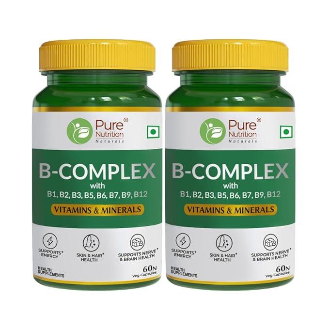 Pure Nutrition Vitamin B-Complex Tablets - 100% RDA for B Vitamins with B1, B2, B3, B5, B6, & B9| Boost immunity & support hair growth - 60 Veg Capsules