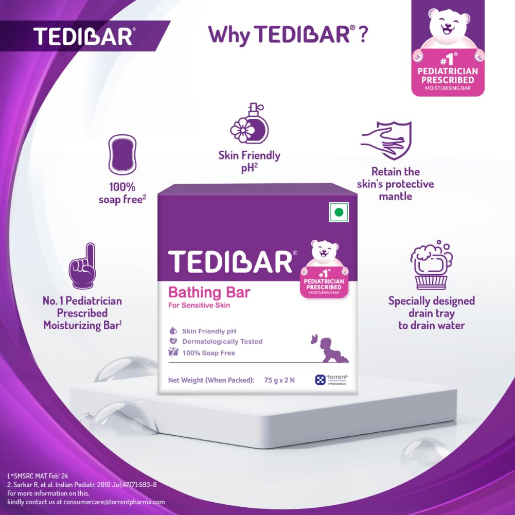 Tedibar Baby Bathing Bar for Sensitive Skin | Soap Free - 75gm - Pack of 2
