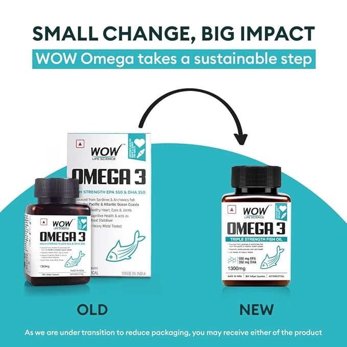 WOW Life Science Omega 3 Softgel Capsule - 1300 mg | EPA & DHA for Healthy Heart, Eyes & Joints - 60 Capsules