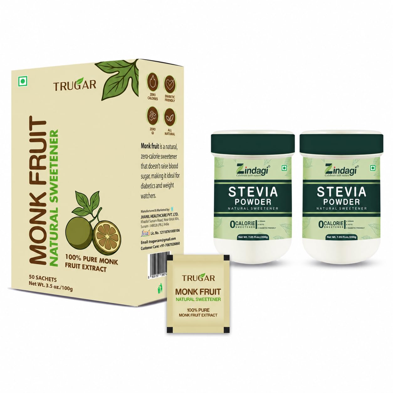 Zindagi Stevia Powder (400 g Jar) with Monk Fruit Extract Powder (50 Sachets) | 100% Natural Zero-Calorie Sweetener Combo Pack