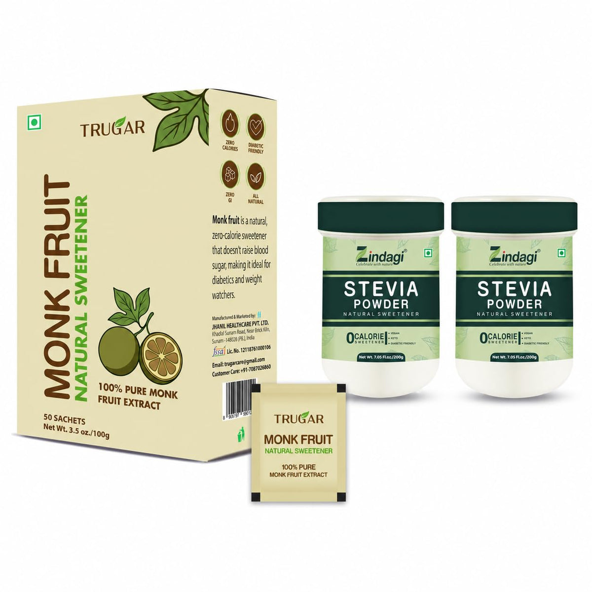 Zindagi Stevia Powder (400 g Jar) with Monk Fruit Extract Powder (50 Sachets) | 100% Natural Zero-Calorie Sweetener Combo Pack
