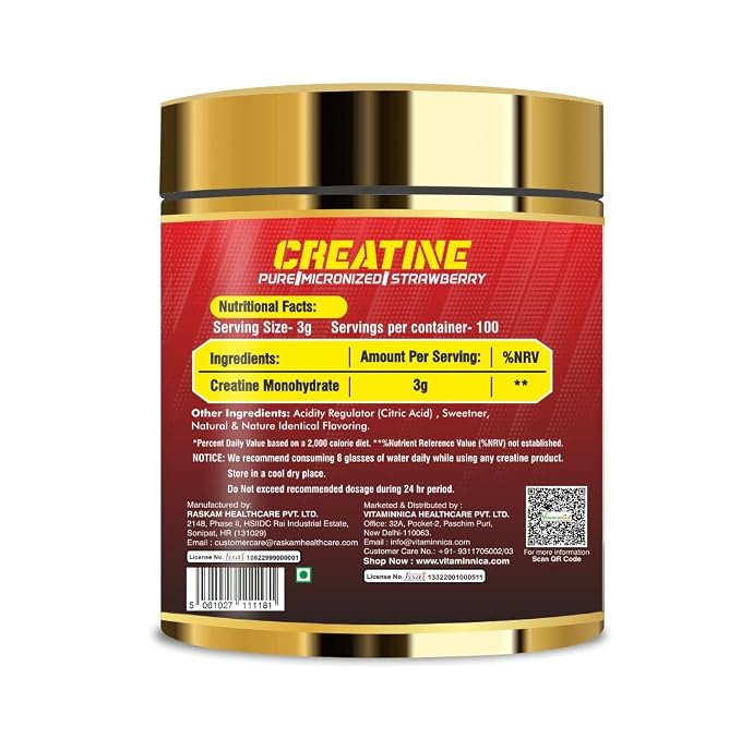 Vitaminnica Micronized Creatine Monohydrate Powder - Strawberry Flavor Muscle Power Blend, 300g