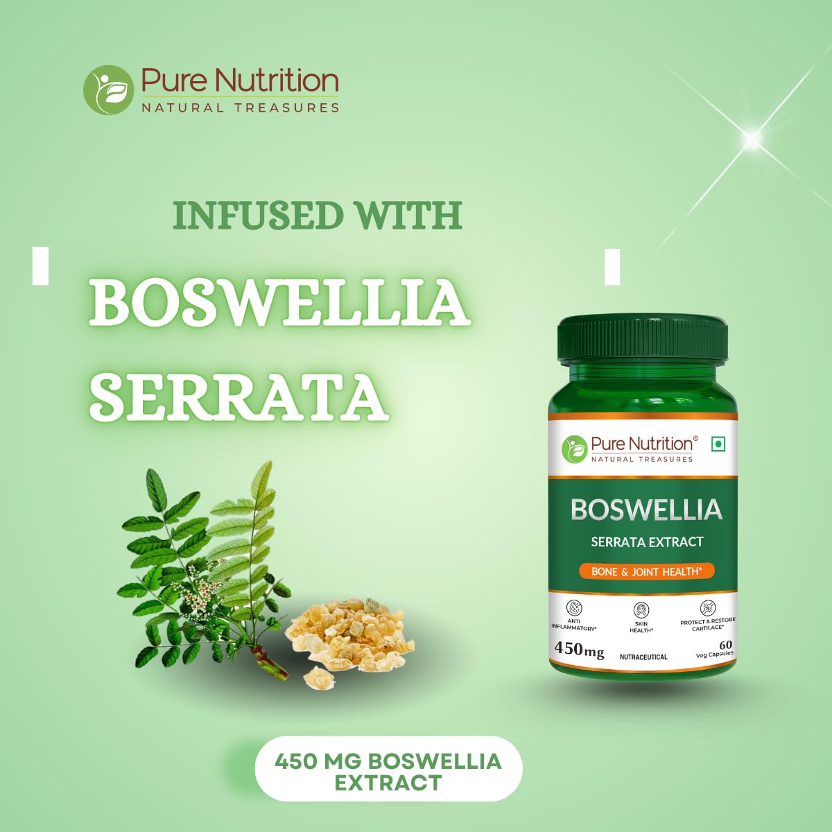 Pure Nutrition Boswellia Serrata Capsules - 450mg –  60 Veg Capsules - Supports Joint & Bone Health, Reduces Inflammation & Stiffness | Boosts Immunity & Skin Health | Natural Ayurvedic Herb for Mobility & Flexibility | For Men & Women