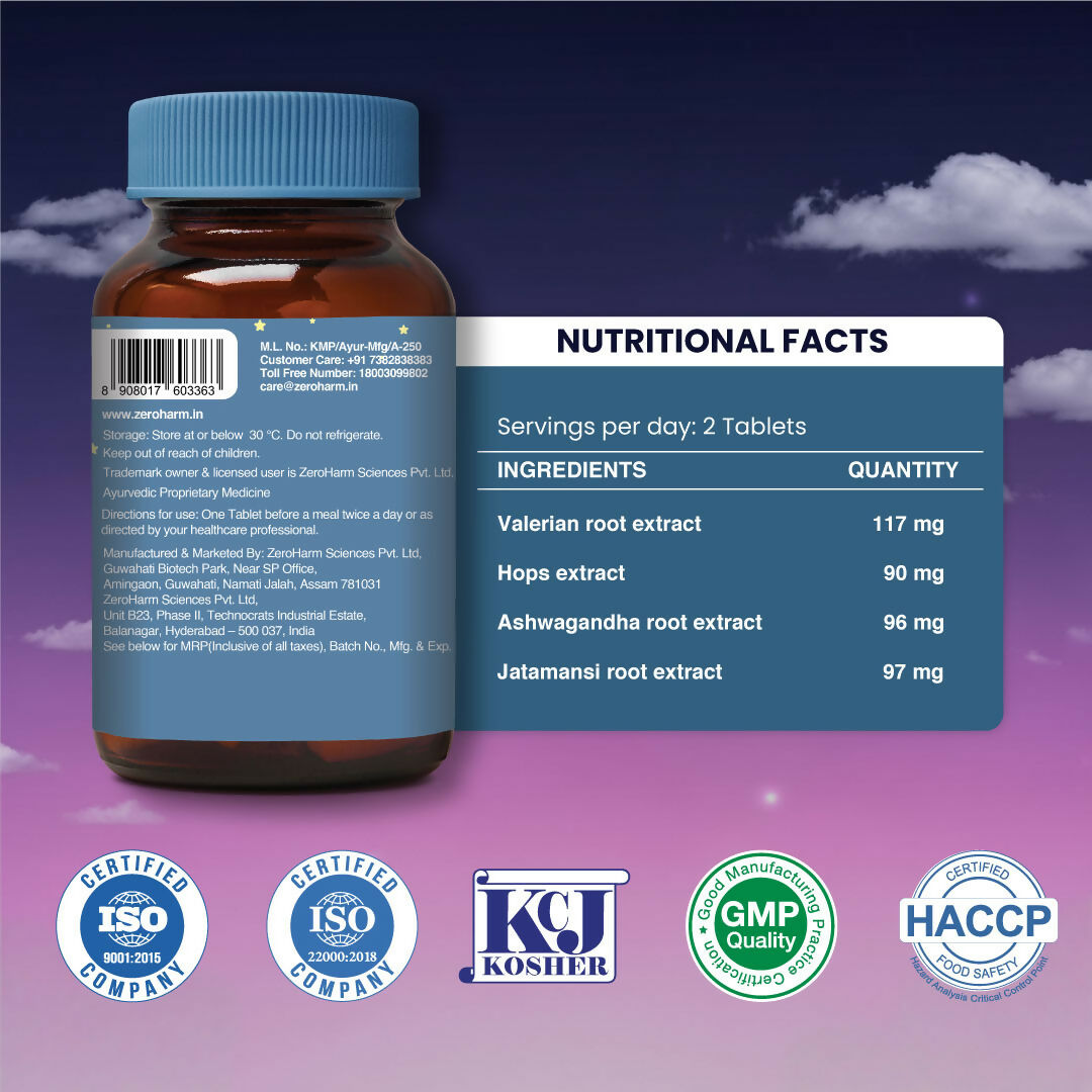 ZEROHARM Sleep Ease Tablets - No Melatonin - With Valerian, Ashwagandha, Jatamansi & Hops - Plant-Based Sleep Support - Non-Habit Forming - Promotes Deep Restful Sleep & Relaxation for Men, Women - 60 Tablets