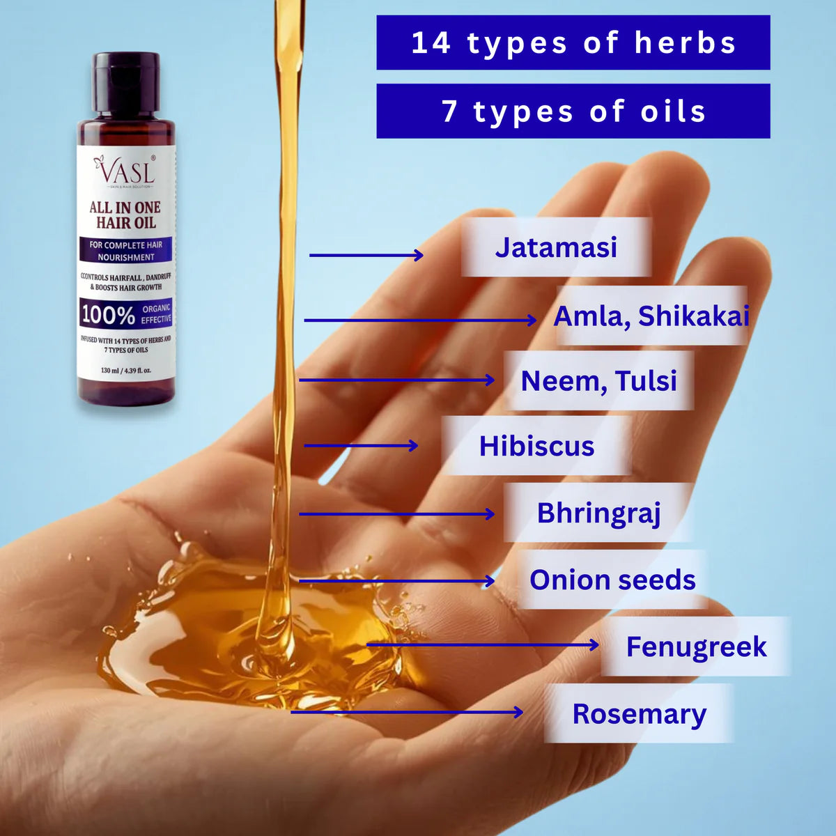 VASL All in One Hair Oil 130ml - 100% Organic Ayurvedic Hair Fall Control Oil