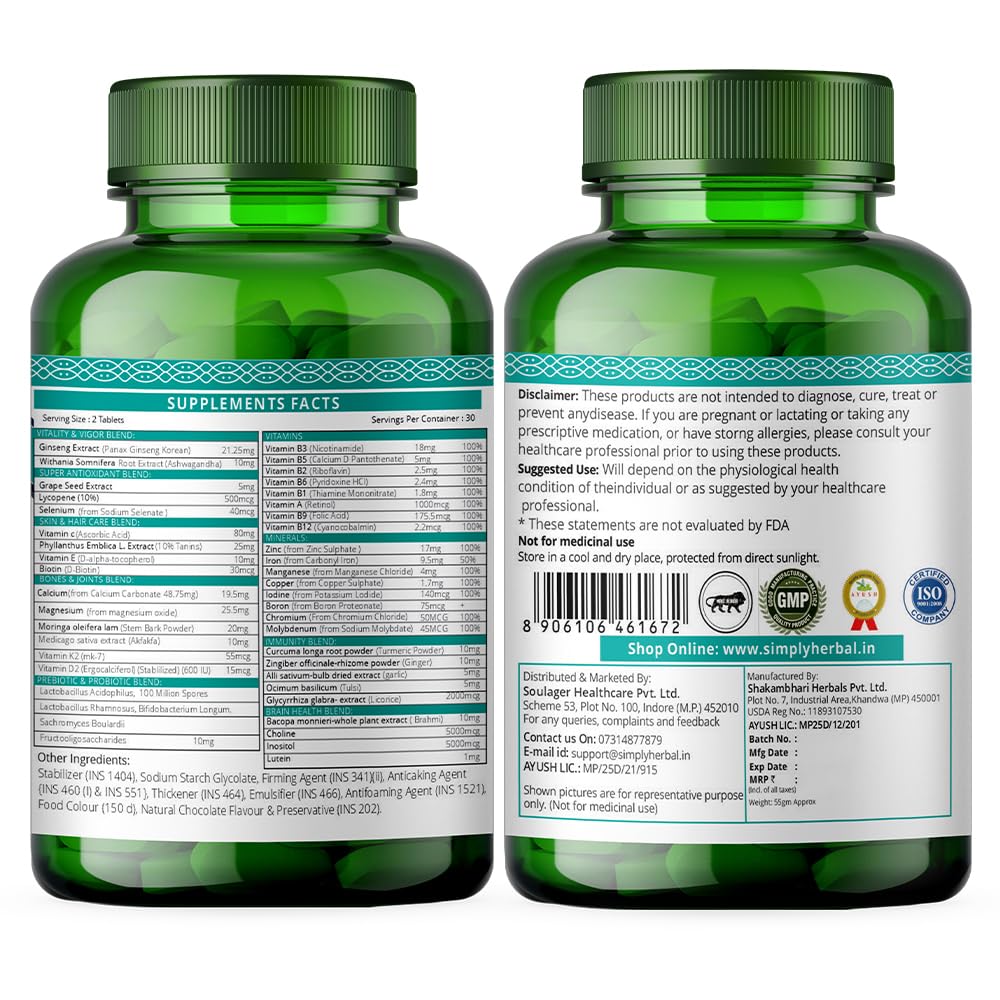 Simply Herbal Multivitamin With Probiotics & Ashwagandha Tablets - 60 Veg Tablets