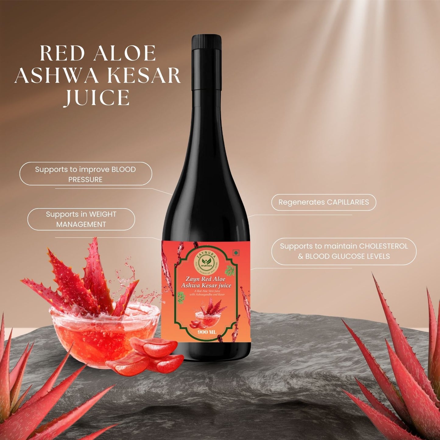 Zaynura Ayurveda Red Aloe Vera Ashwa Kesar Juice | Premium Ayurvedic Vitality & Immunity Booster | Natural Herbal Wellness Drink