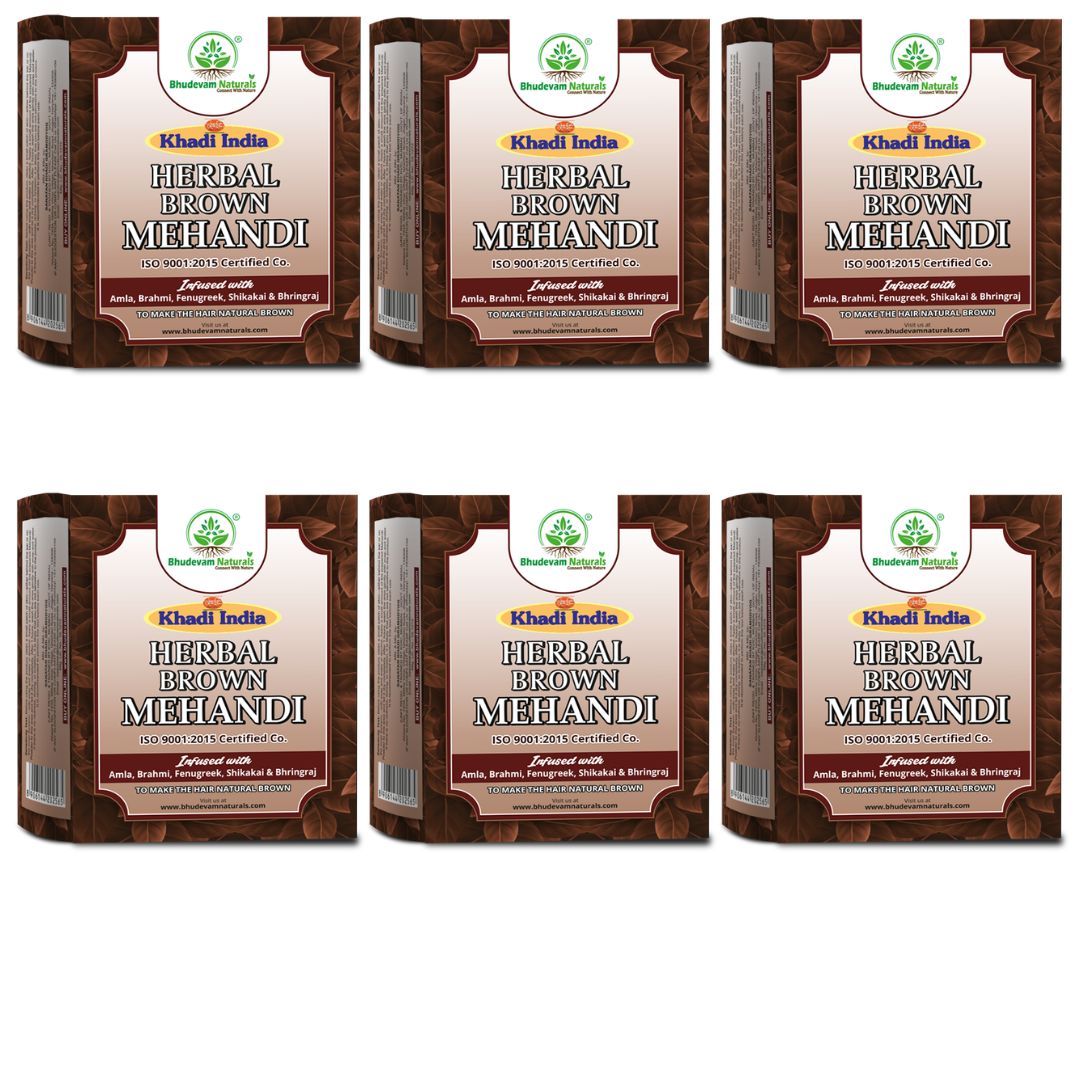 Bhudevam Naturals Khadi Brown Mehndi Powder for Hair – Natural Hair Dye, Chemical Free, Long Lasting Color, Strengthens & Conditions Hair- 480GM (Pack of6)