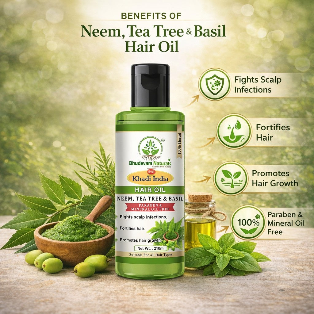 Bhudevam Naturals Khadi Neem Tea Tree & Basil Hair Oil for Dandruff Control & Hair Fall- 210ML