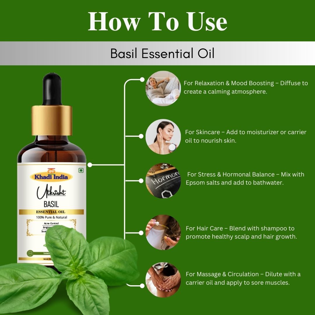 Khadi Basil Essential Oil | Pure & Natural Basil Oil for Hair & Scalp Care | Herbal Essential Oil for Dandruff & Aromatherapy | Helps Support Healthy-Looking Hair & Relaxation | 15 ml