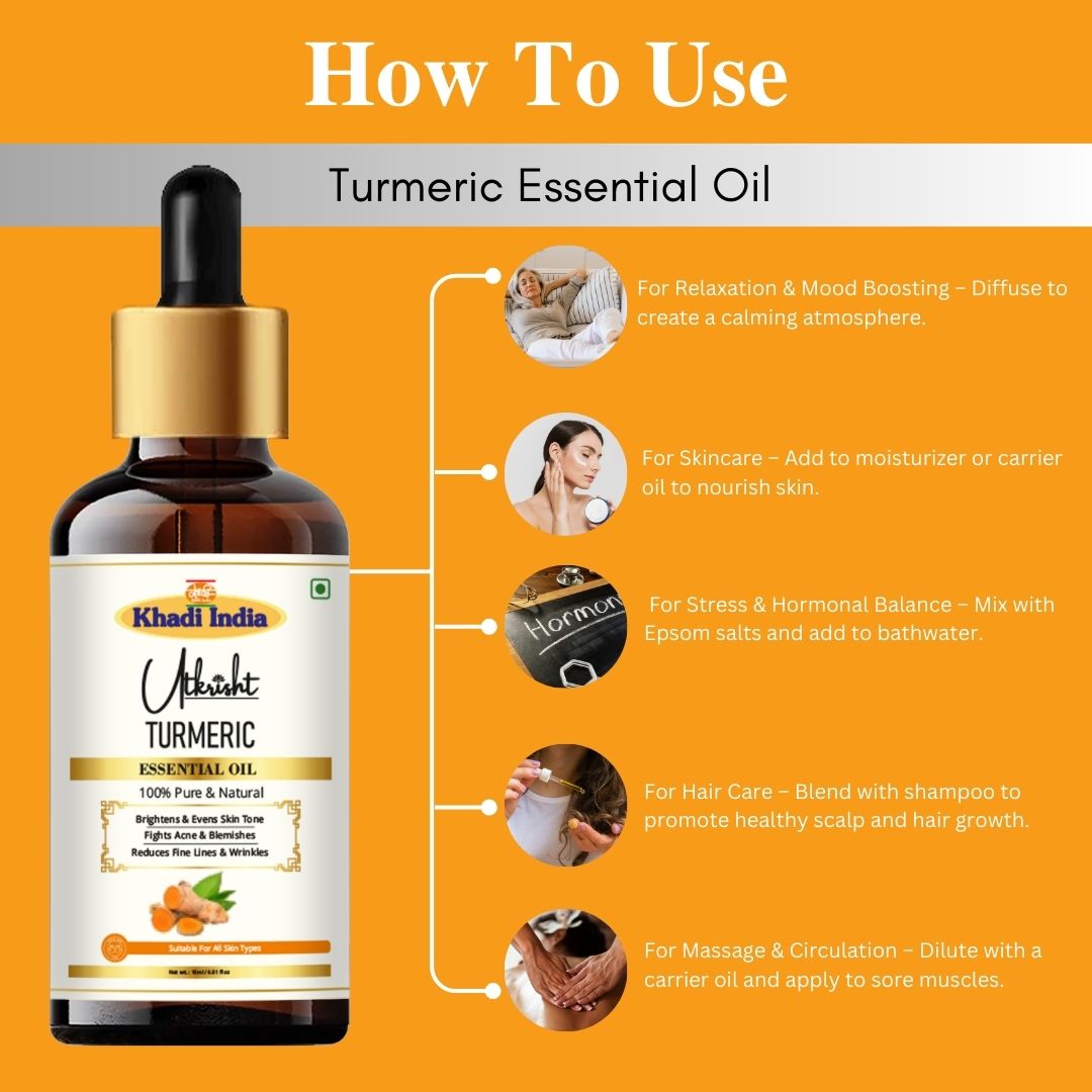 Khadi Turmeric Essential Oil | Pure & Natural Turmeric Oil for Face & Body Care | Essential Oil for Glowing-Looking Skin, Oily & Acne-Prone Skin | Herbal Aromatherapy & Massage Oil | 15 ml