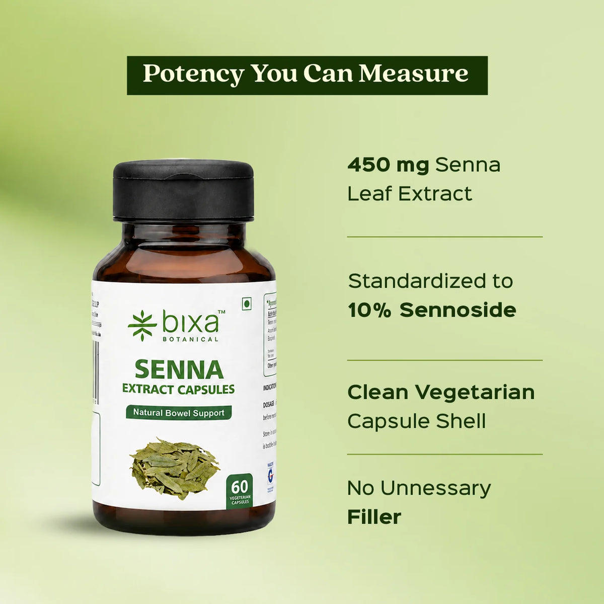 Bixa Botanical Indian Senna Extract (60 Veg Capsules | 450mg) | Standardized to 20% Sennosides for Gentle Laxative Support & Colon Cleanse
