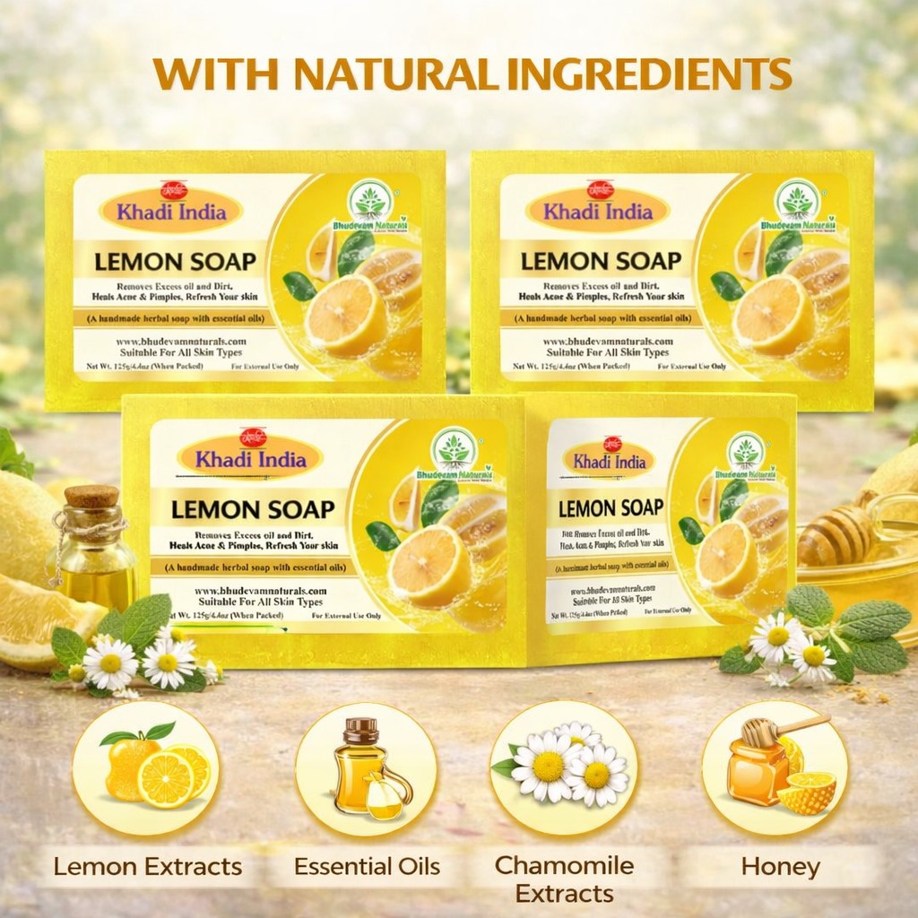 Bhudevam Naturals Khadi 100% Natural Lemon Bath Soap – Skin Brightening & Oil Control Soap, Herbal Formula, Safe for Daily Use- 500GM (Pack of 4)