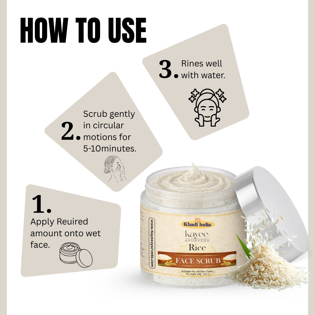 Kayee Ayurveda Rice Face Scrub for Men & Women | Herbal Facial Exfoliating Scrub for Deep Cleansing, Dead Skin Removal & Skin Smoothing | Helps Remove Excess Oil & Impurities | Suitable for Regular Skincare Routine