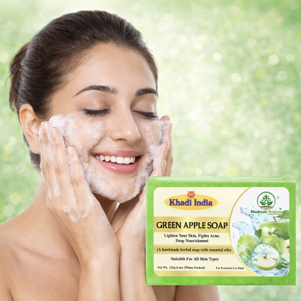 Bhudevam Naturals Khadi Green Apple Handmade Bath Soap with Refreshing Fruity Fragrance for Soft & Glowing Skin- 500GM (Pack of 4)