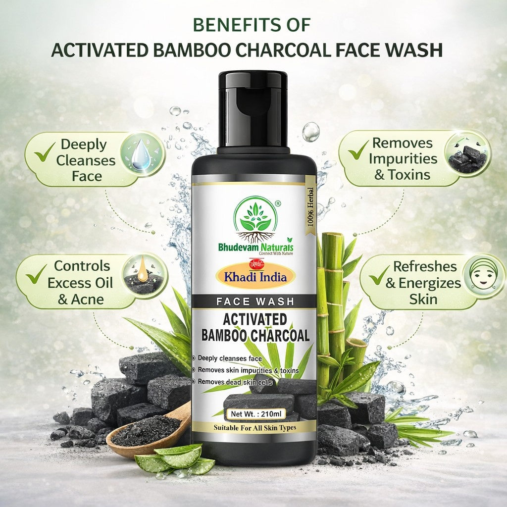 Bhudevam Naturals Khadi Bamboo Charcoal Herbal Face Wash – Reduces Acne, Pimples & Oiliness- 420ML (Pack of 2)